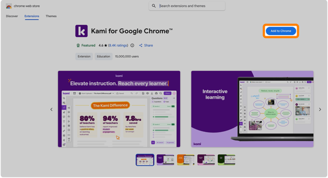Screenshot of the Kami for Google Chrome extension page on the Chrome Webstore, with the Add to Chrome button highlighted.
