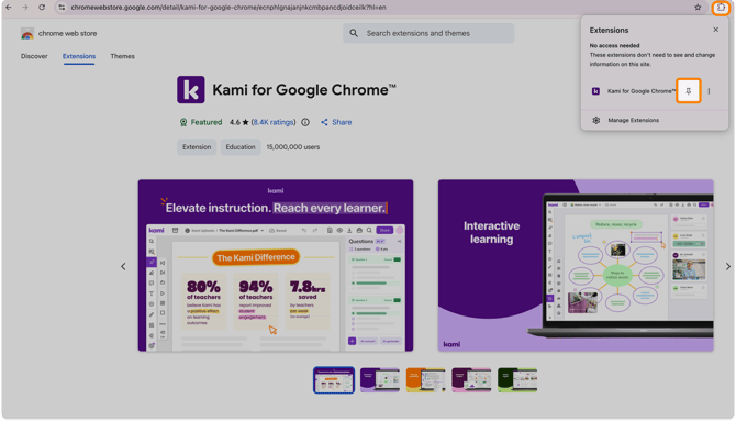 Screenshot of the Chrome browser extension menu open, and the pin icon highlighted, next to the "Kami for Google Chrome" extension name.