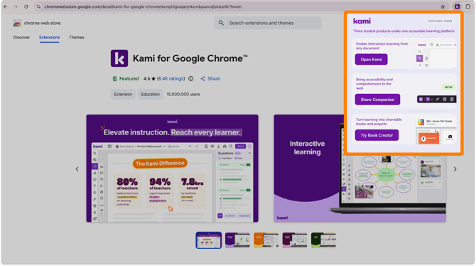 Screenshot of the Kami for Google Chrome extension menu opened, displaying the "Open Kami", "Show Companion", and "Try Book Creator" buttons.