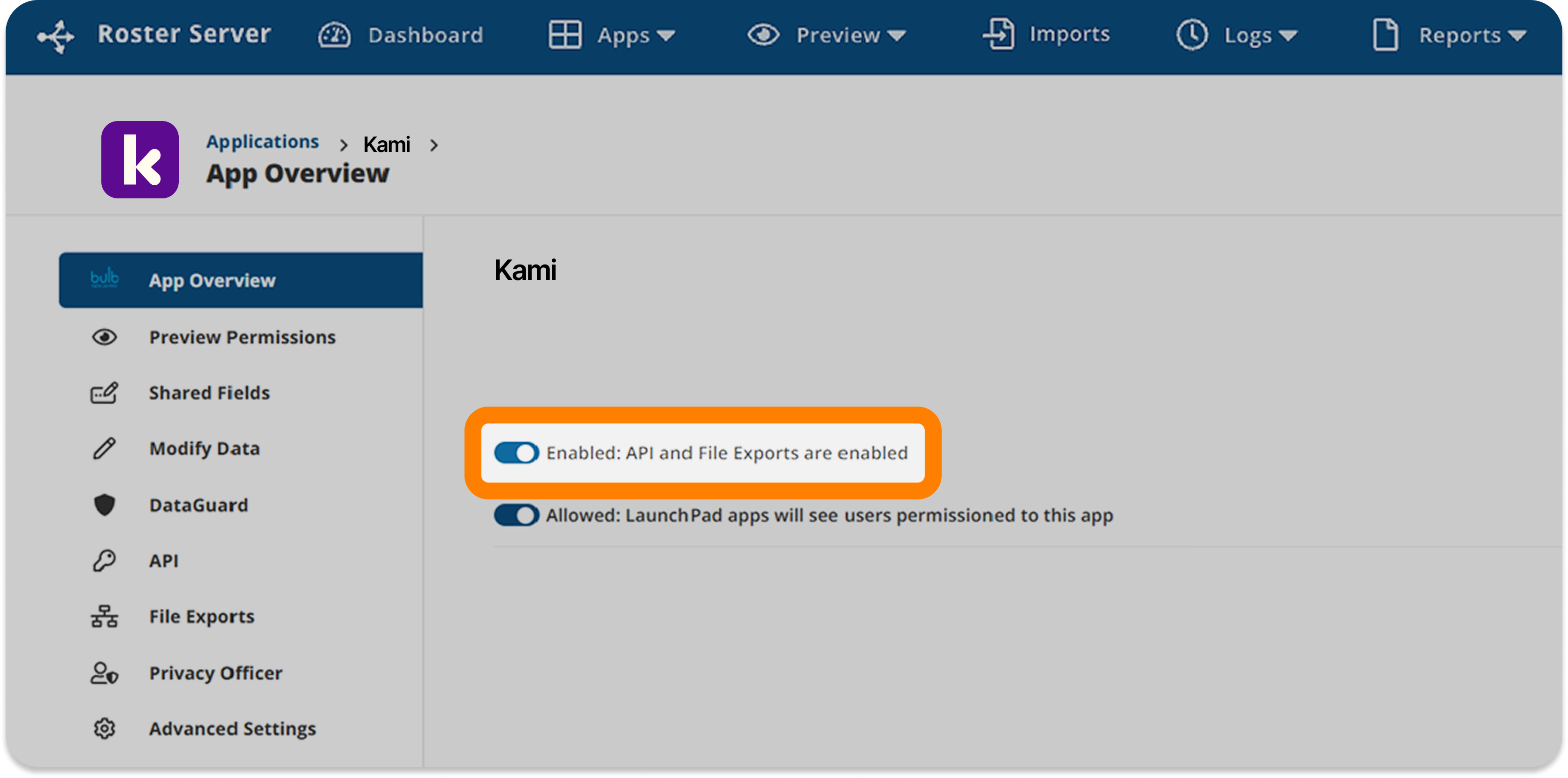 ClassLink Roster Server > Applications > Kami > App Overview screen, with the "Enabled: API and File Exports are enabled" toggle highlighted.