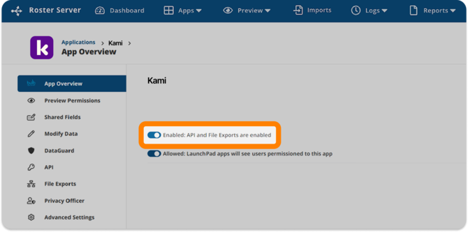 ClassLink Roster Server > Applications > Kami > App Overview screen, with the "Enabled: API and File Exports are enabled" toggle highlighted.