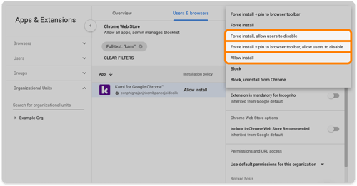 The Installation policy drop-down with the three options that allow users to disable the extension highlighted