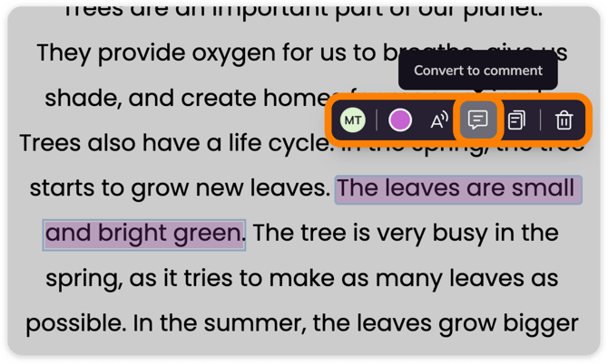 Convert to comment button in action bar