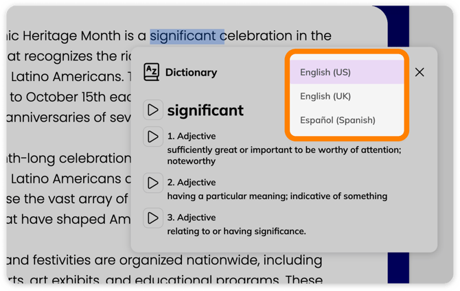 Dictionary tool language selector
