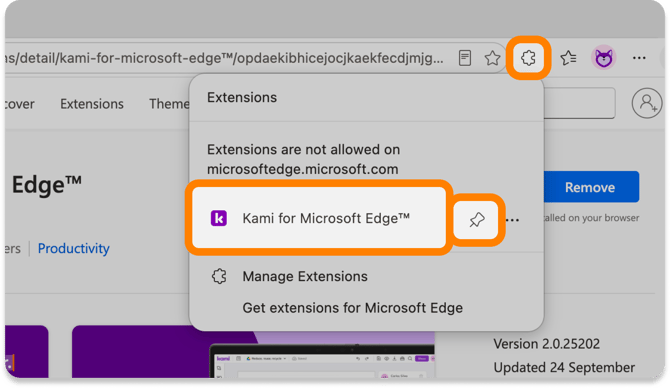 Pin the Kami extension in Edge