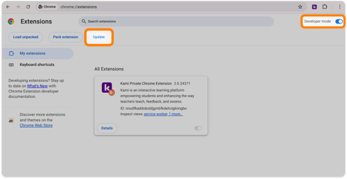 The Developer mode toggle and Update button at the top of the Chrome extension dashboard