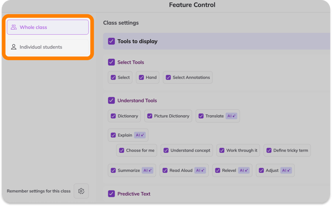 Whole Class and Individual students tabs