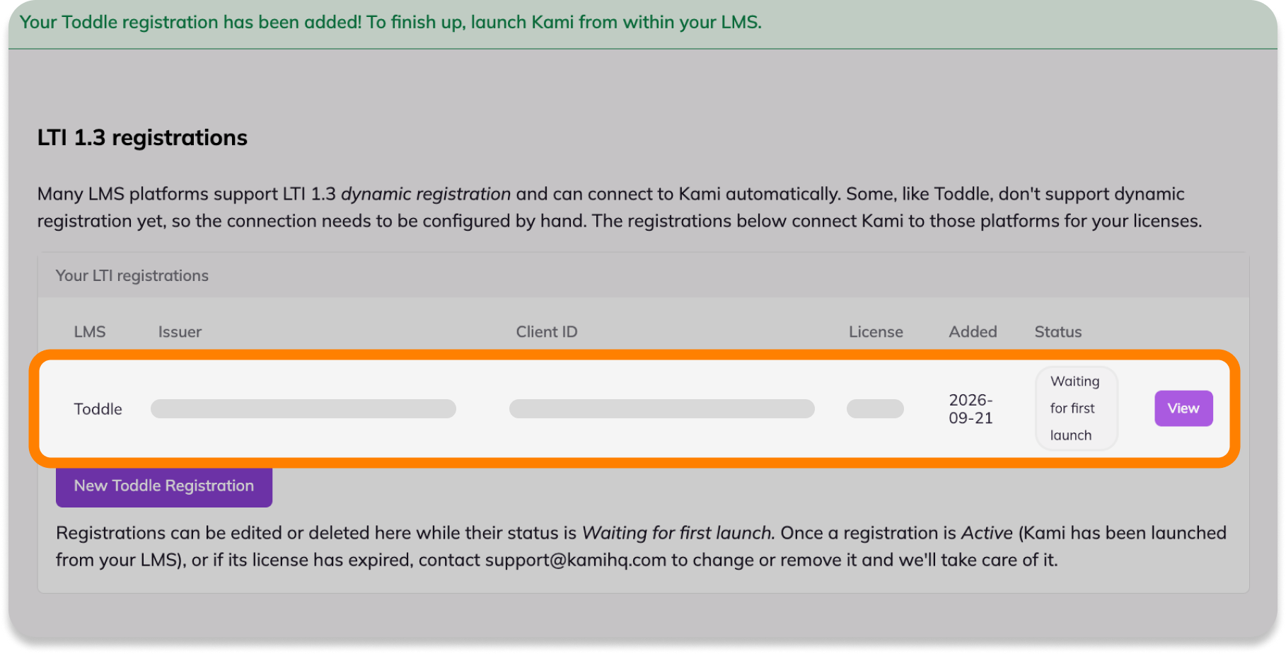 Toddle registration added to Kami License Dashboard