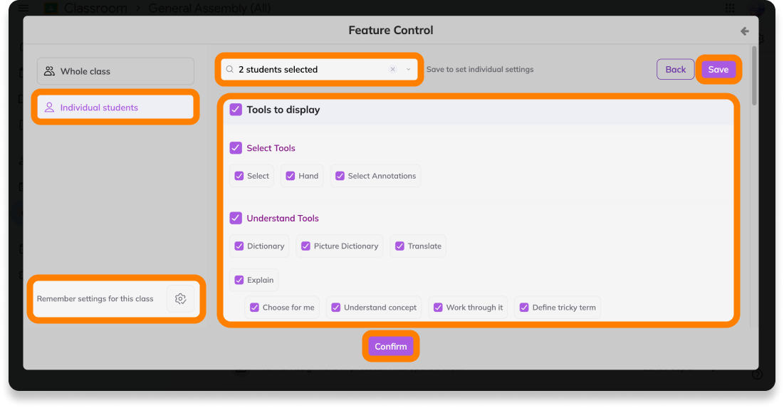 Feature Control > Individual students tab
