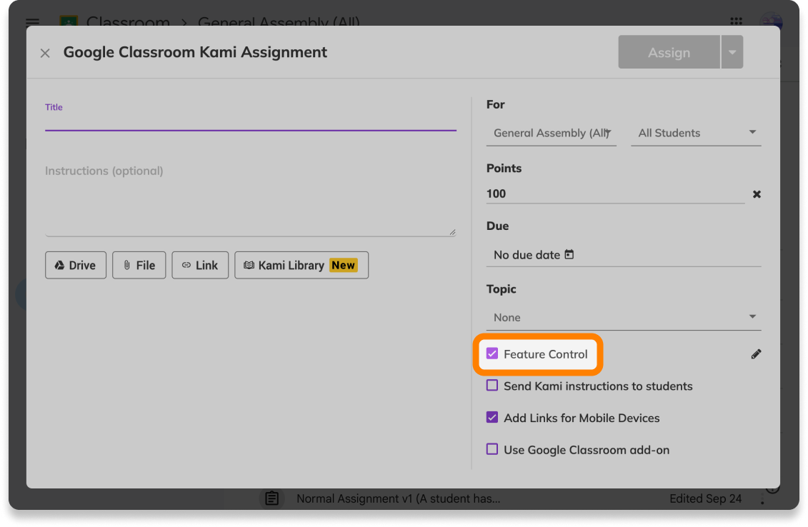 Feature Control setting in Google Classroom for new Kami assignments