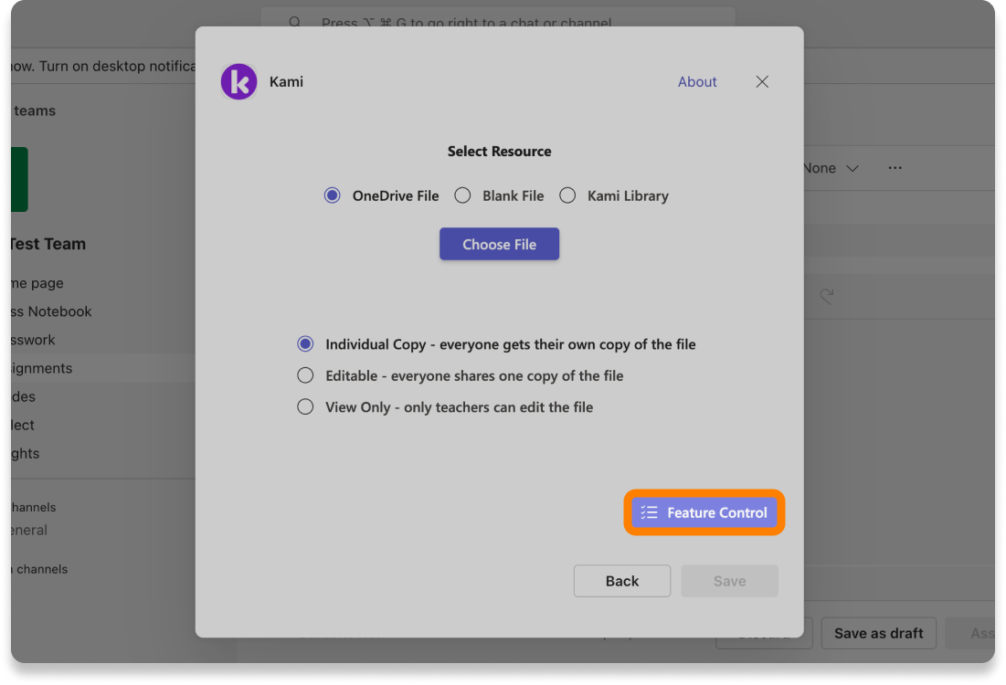 Feature Control setting in Teams when creating new Kami assignment