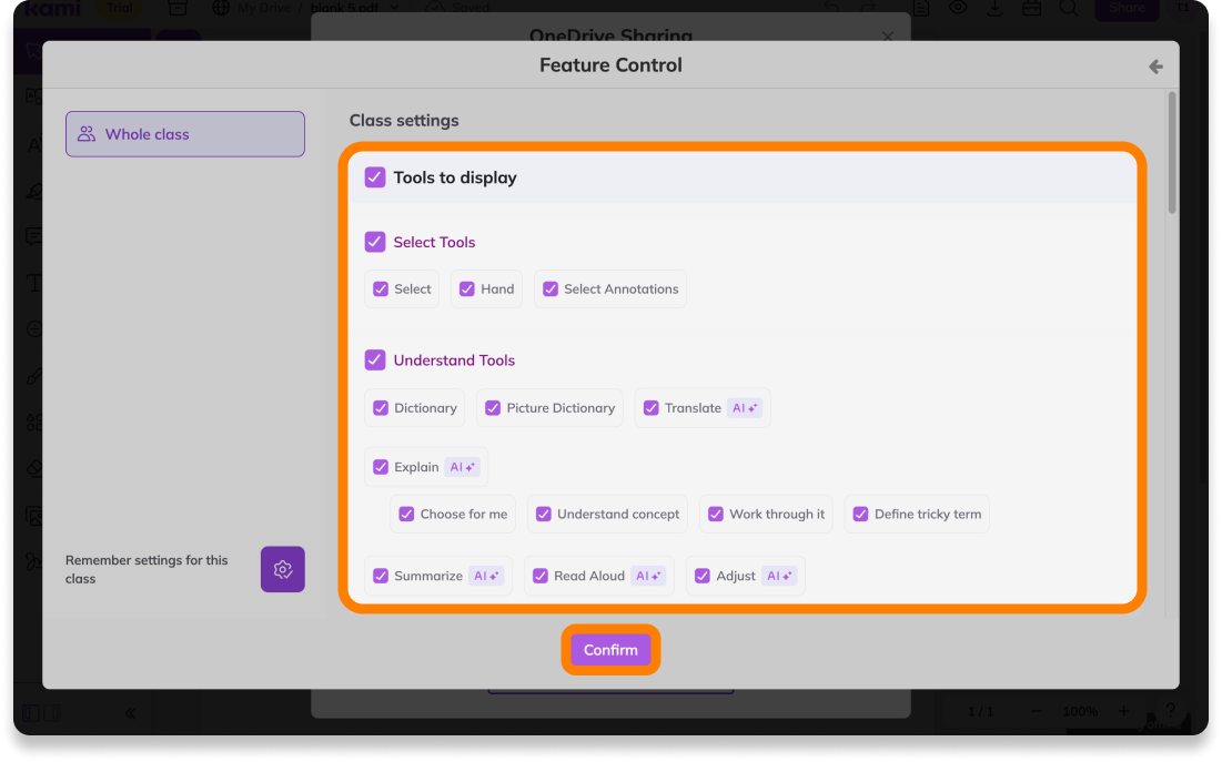 Feature Control window