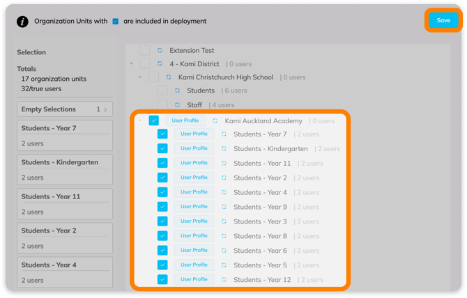 Select org units for deploying Kami license