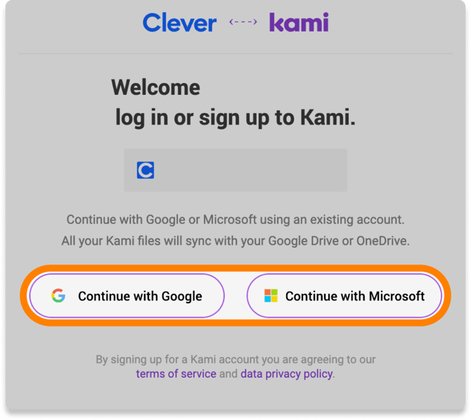 Image of the Clever welcome pop-up window, with the "Continue with Google" and Continue with Microsoft" buttons highlighted.