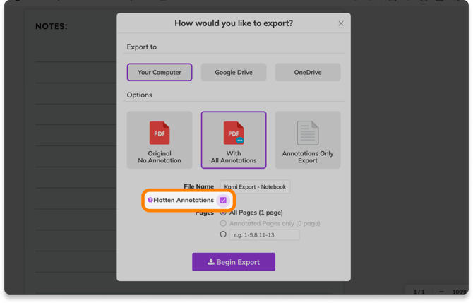 Screenshot of the Kami app with the Export menu open and the Flatten Annotations checkbox highlighted.