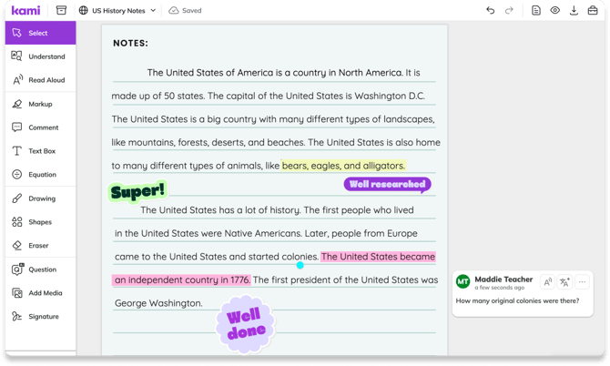 Screenshot of a document open in the Kami app, containing text, sticker, and comment annotations.