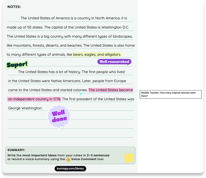 Screenshot of the flattened Kami PDF document open in the Kami app, containing text, sticker, and comment annotations.