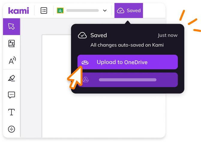 Image of the Kami app, with the Cloud Saving menu open and the "Upload to OneDrive" button highlighted.