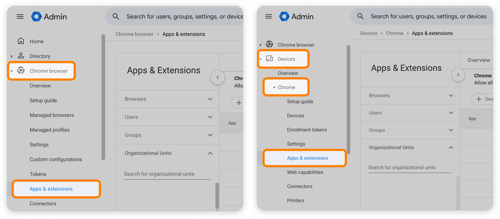 Admin portal, navigating to Chrome Browser menu and selecting Apps & extensions