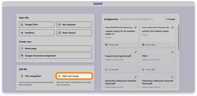 The Kami Dashboard with the Split and merge tool highlighted