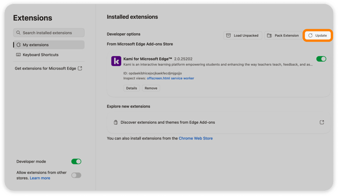 Update extensions button