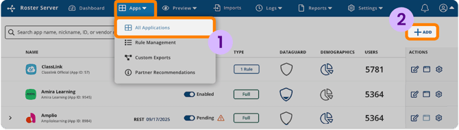 ClassLink Roster Server dashboard with the Apps > All Applications button highlighted, and the + ADD button highlighted.
