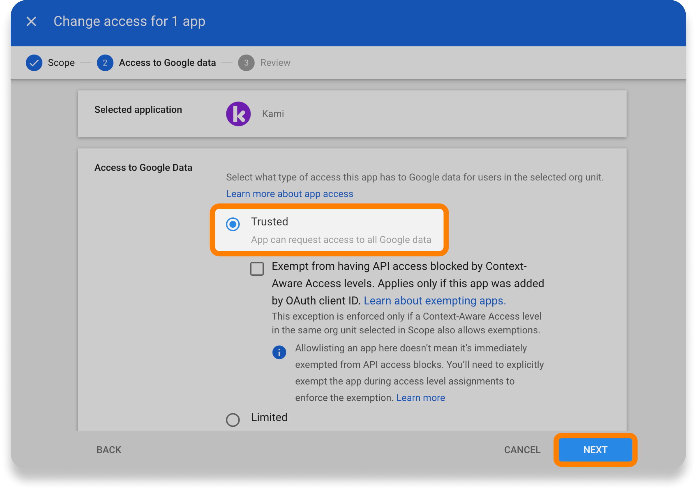 Set access to Google data to 'Trusted'
