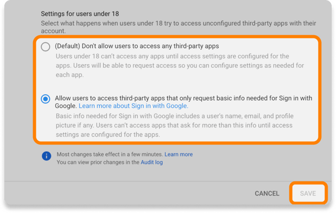 Settings for users under 18