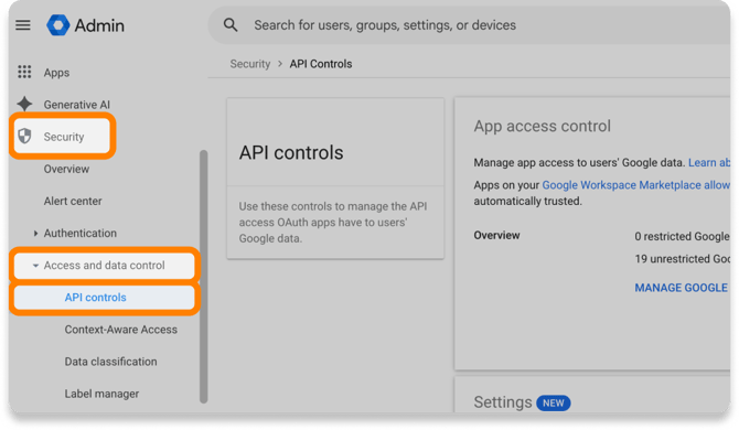 Admin > Security > Access and data control > API controls