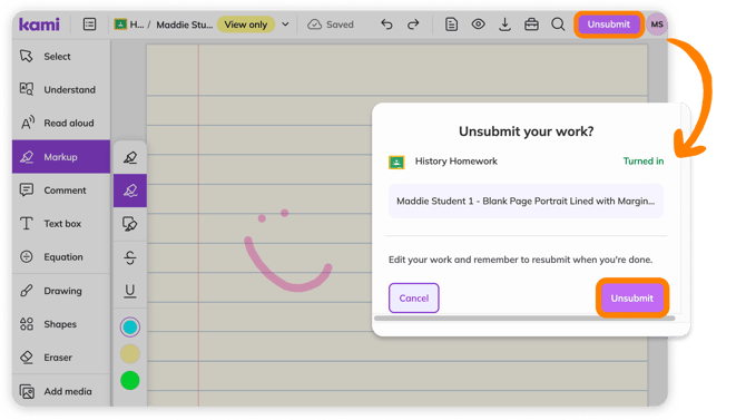 Unsubmit work button