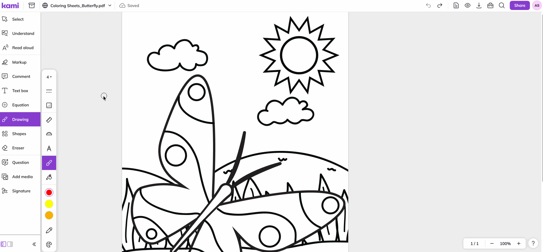 Using the Paint Bucket mode of the Drawing tool in the Kami app on a page with drawings of a butterfly on a sunny day.