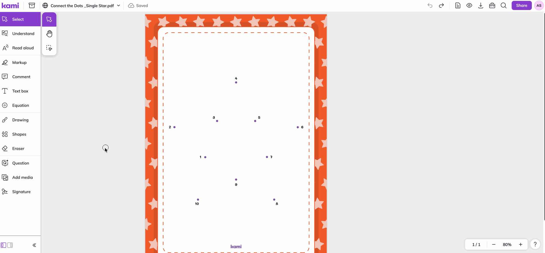 Using the Ruler with the Drawing tool to draw straight lines to connect the dots inside a connect the dot to draw a star document in the Kami app.