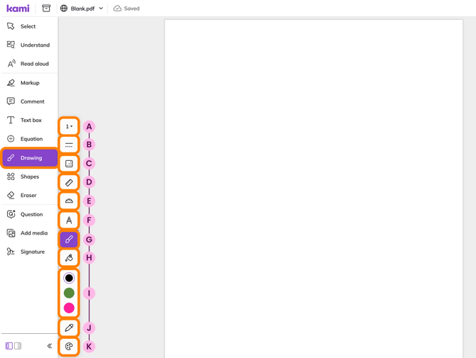 The Drawing tool selected inside the Kami app on a blank document. The drawing tool's flyout menu is open and the buttons in it are highlighted and labelled from letter A to K.