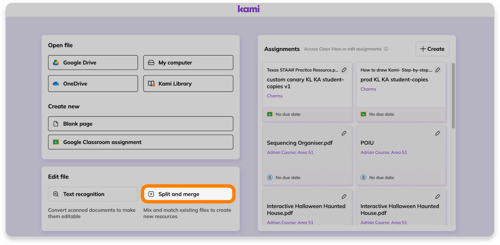 The Kami Dashboard with the Split and merge tool highlighted