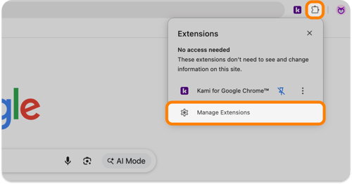 The Manage Extensions option in the Chrome Extensions menu