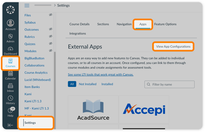 Canvas course settings > Apps > View App Configurations