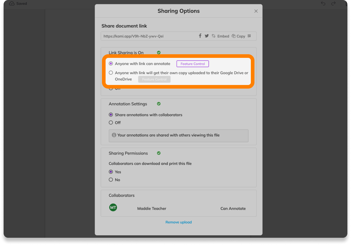 Kami Cloud sharing settings
