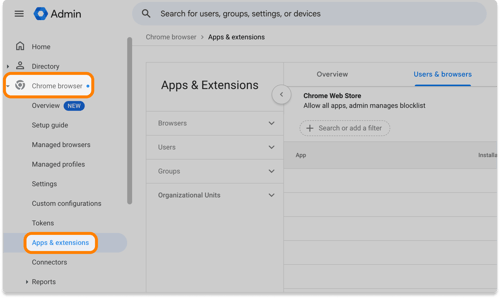The Google Admin console with Chrome browser and Apps & extensions highlighted in the left-side menu