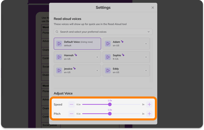 Read Aloud Speed & Pitch settings