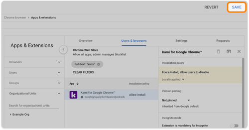 The Save button highlighted in the upper right corner of the Apps & extensions page