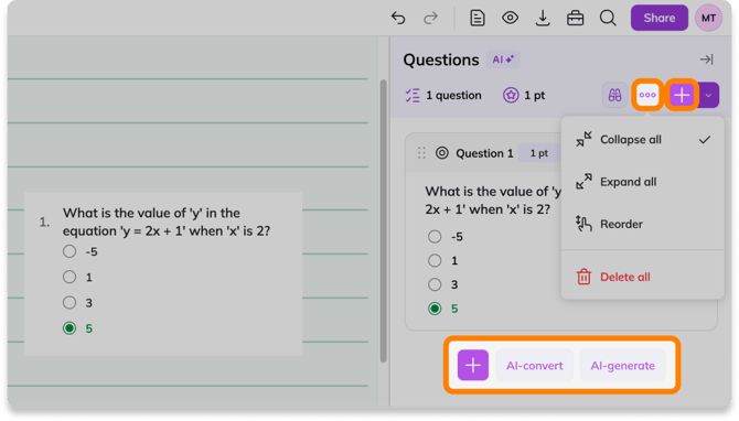 Screenshot of Kami app with Questions side panel open and the "More actions", "Add question", "AI-convert", and "AI-generate" buttons highlighted.