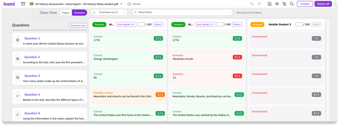 Class View displaying columns of questions and rows of student responses.