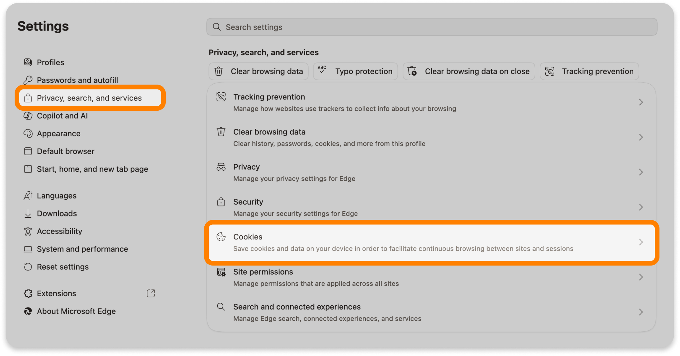 Privacy, search, and services settings