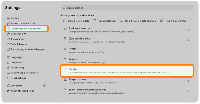 Privacy, search, and services settings