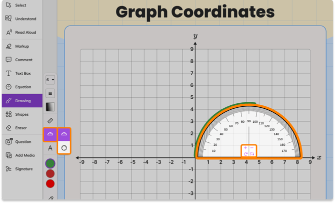 Screenshot of the Kami app demoing the protractor option in the Drawing tool.