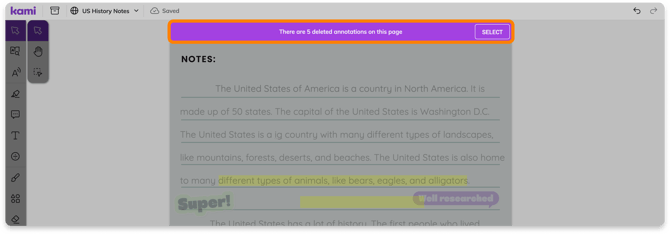 The delected annotations count at the top of each page when in Restore annotations view.