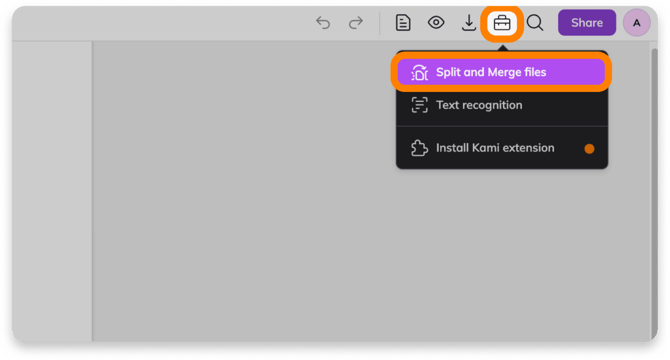 The Split and Merge files button on the Kami navigation bar.