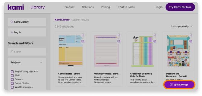 The Kami Library Split & Merge button
