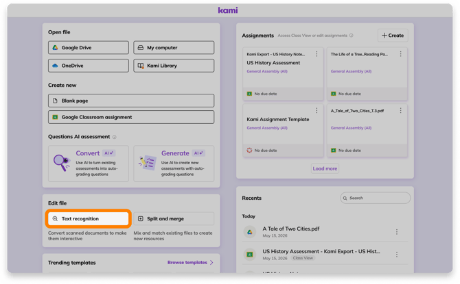 The Text recognition button on the Kami Dashboard