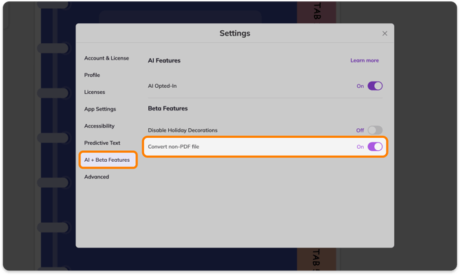Convert non-PDF file in Settings